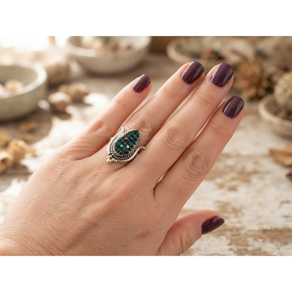 Zuni Corn Ring Green Opal Sterling Silver Native Am Jewelry Sz 7.75US**